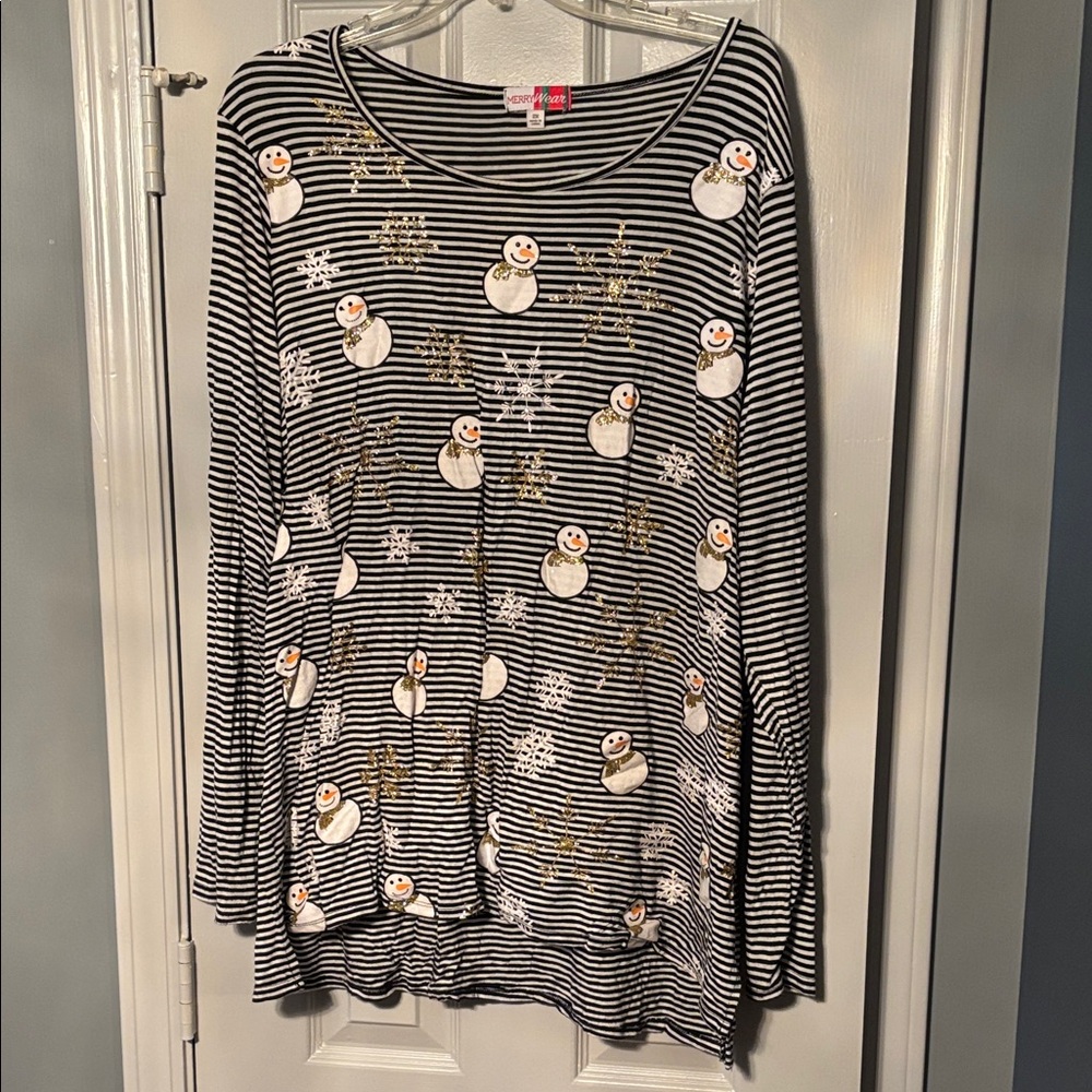 Merry Wear Black & White Striped Gold Scarf Snowman & Snowflakes Top